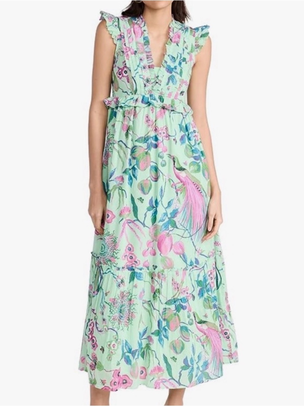 NWT Banjanan Constance Dress Bird Print Ruffle Maxi Size S